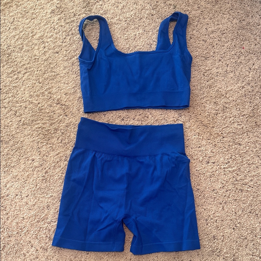 Seamless Ribbed Crop Bralette & High-Waist Shorts Set - Blue